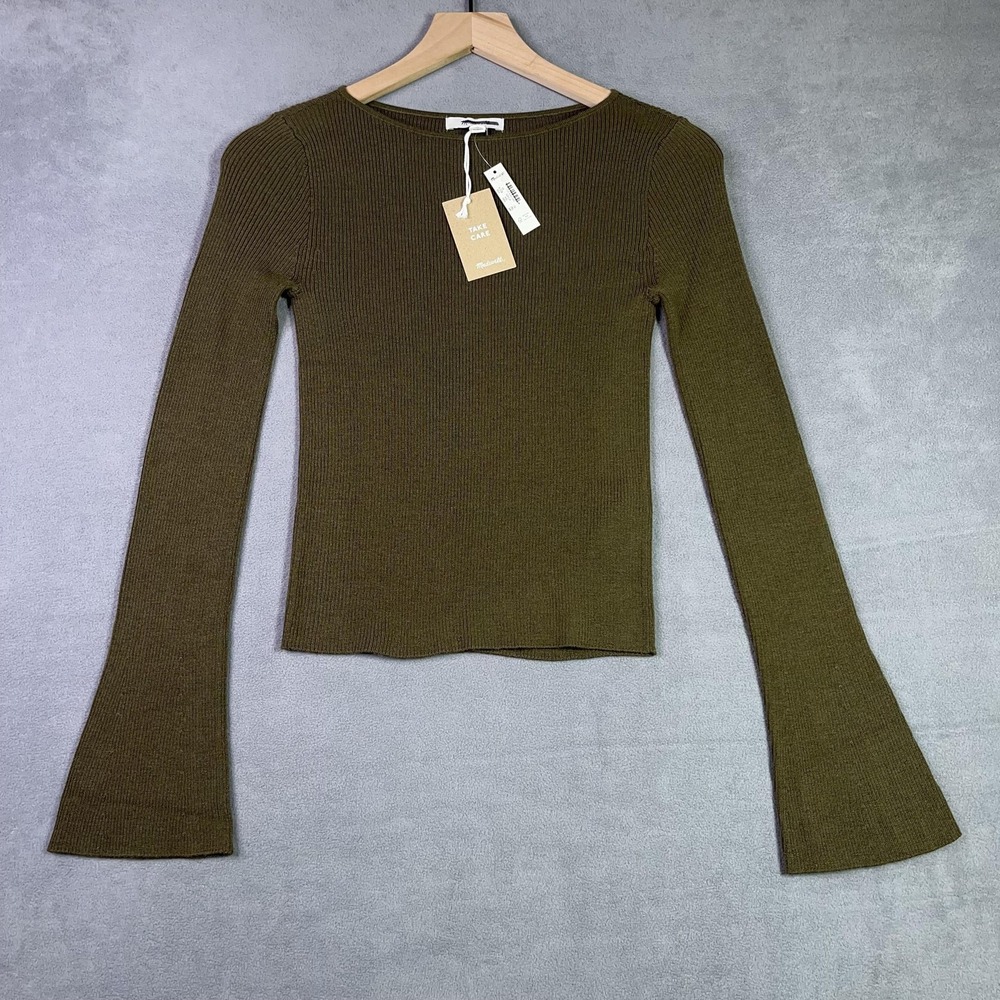 Madewell Flare Sleeve Boatneck Sweater in Merino Wool Silk Blend Olive XS FLAW